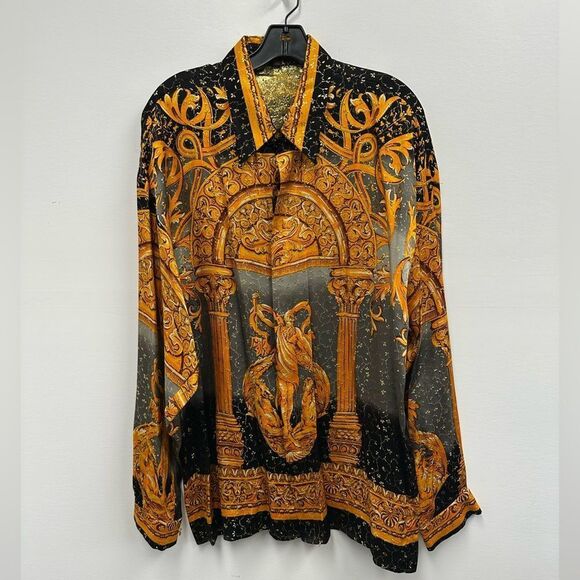 CREME DE SILK Gold & Black Metallic 100% Silk Shirt Button Front Neptune Size L - Picture 1 of 9